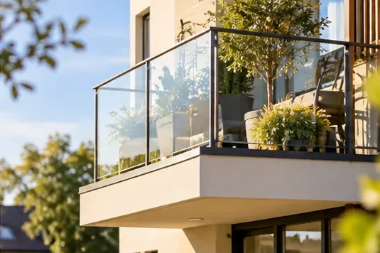 Sondereigentumsverwaltung – Hausverwaltung Steigerwald Balkon einer Eigentumswohnung in einem modernen Mehrfamilienhaus